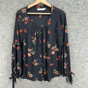 Justfab Button Up Top Women M Medium Black Floral Long Sleeve V-Neck Casual